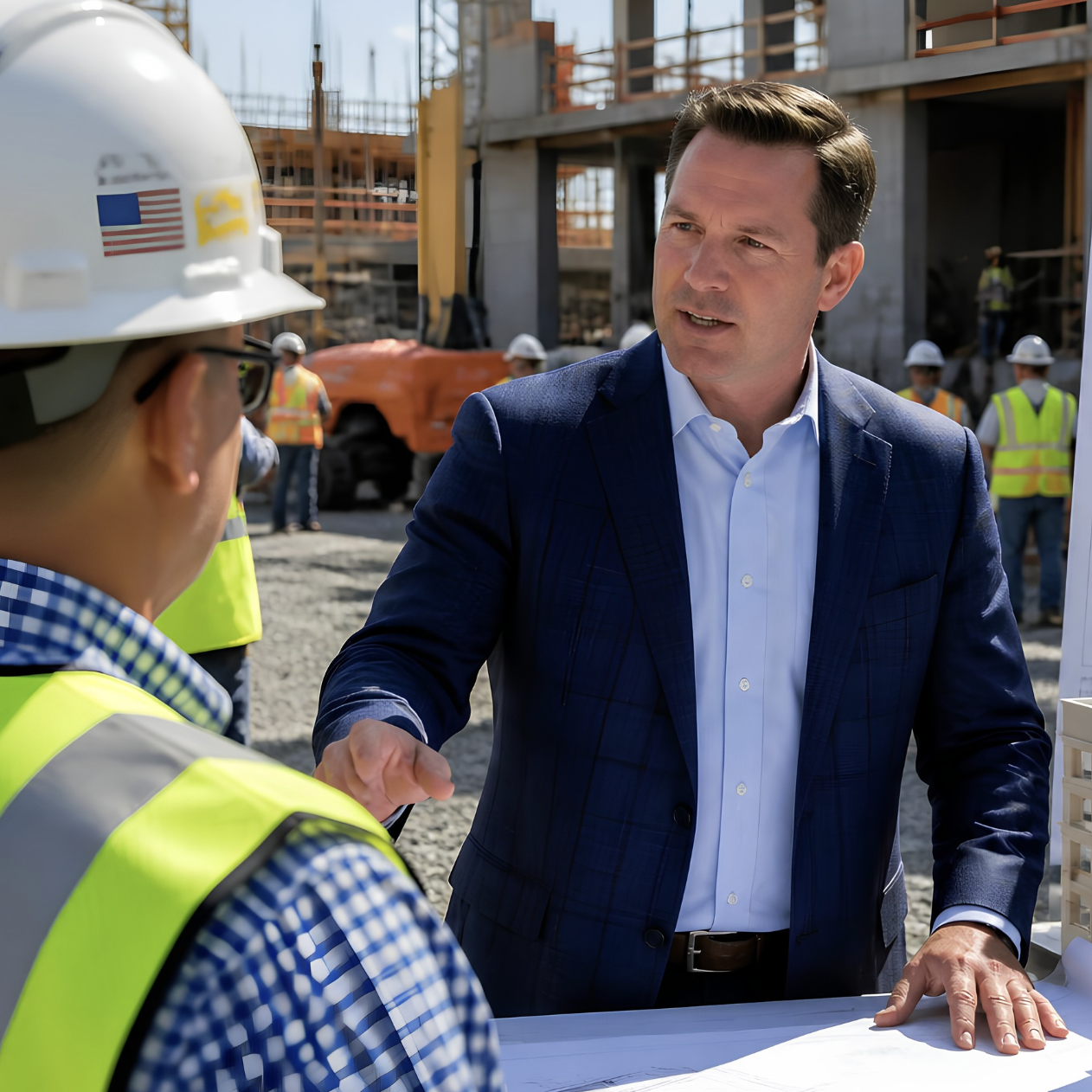 Developer reviewing project plans on an active construction site